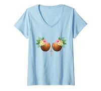 Women's Tiki Luau Hula Hawaiian Coconut Bra with Coconut Breasts V-Neck T-Shirt