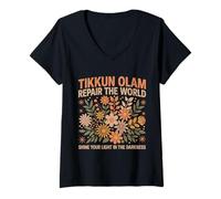 Womens Tikkun Olam Hebrew Fix The World Shalom V-Neck T-Shirt