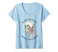 Womens Til Death Do Us Part Forever Love Skeleton Rose Romantic V-Neck T-Shirt