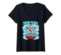 Women's Time Flies When Having Fun 1 Flying Cute Birthday 1st Bday V-Neck T-Shirt