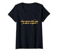 Women's Time Spent with Cats is Never Wasted Funny Cat Lover Slogan V-Neck T-Shirt