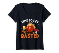Womens Time to Get Basted Turkey Thanksgiving Thankful V-Neck T-Shirt