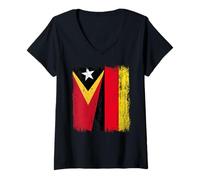 Womens Timor-Leste Germany Half Flag East Timor German Heritage V-Neck T-Shirt