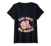 Womens Tiny Arms Big Dreams T-rex Hugging Cupcake V-Neck T-Shirt