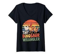 Women's Tiny Dinosaur Wrangler Funny Chicken Farmer Retro V-Neck T-Shirt