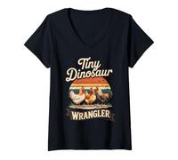 Women's Tiny Dinosaur Wrangler Funny Chicken Farmer Retro V-Neck T-Shirt