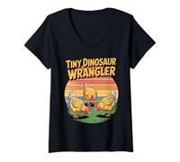Women's Tiny Dinosaur Wrangler Funny Chicken Farmer Retro V-Neck T-Shirt
