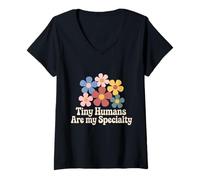 Women's Tiny Humans are My Specialty Retro Flowers Pediatric OT PT V-Neck T-Shirt