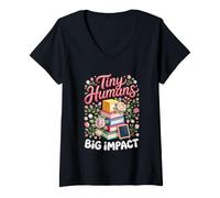 Women's Tiny Humans Big Impact Preschool Teacher Educator V-Neck T-Shirt