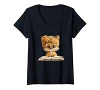 Women's Tiny Puppy Open Book Reading Dog Lover Graphic Portrait V-Neck T-Shirt
