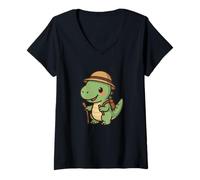Womens Tiny Raptor Explorer. Cute Kawaii Dino Adventure V-Neck T-Shirt