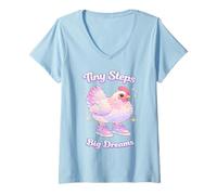 Women's Tiny Steps Big Dreams Cute Chicken Aesthetic Motivational V-Neck T-Shirt