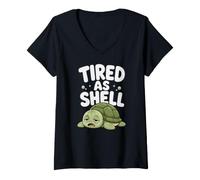 Women's Tired As Shell Funny Grumpy Sleepy Turtle Cartoon Pun V-Neck T-Shirt