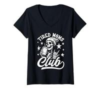 Womens Tired Moms Club - Funny Mom Life Skeleton Coffee Drink V-Neck T-Shirt