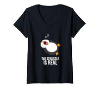 Womens Tired Penguin Pyjama Lazy Penguin The Struggle Is Real V-Neck T-Shirt