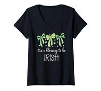 Women's Tis a Blessing to be Irish Blessing St Patricks Coquette Bow V-Neck T-Shirt
