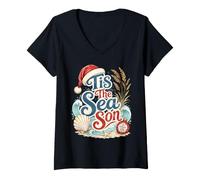 Women's Tis The Sea Son Coastal Christmas V-Neck T-Shirt