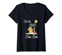 Womens Tis The Sea Sun Funny Tropical Christmas Starfish Palm Tree V-Neck T-Shirt