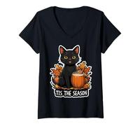 Womens Tis The Season Black Cat Fall Autumn Pumpkin Leaves Lady Mom V-Neck T-Shirt