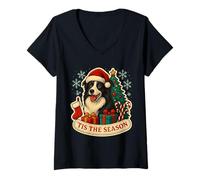 Womens Tis The Season Border Collie Dog Christmas Mom Dad Owner Fun V-Neck T-Shirt