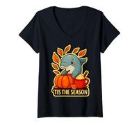 Womens Tis The Season Dolphin Fall Autumn Pumpkin Leaves Vintage V-Neck T-Shirt