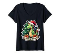 Womens Tis The Season Dragon Christmas Tree Festive Kids Boys Cute V-Neck T-Shirt