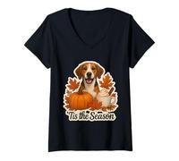 Womens Tis The Season English Foxhound Dog Fall Autumn Pumpkin Cup V-Neck T-Shirt