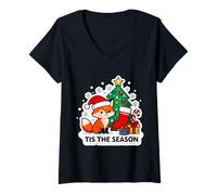 Womens Tis The Season Fox Lover Christmas Tree Festive Xmas X-mas V-Neck T-Shirt