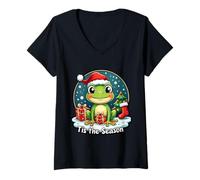 Womens Tis The Season Frog Christmas Tree Festive Xmas X-mas Cute V-Neck T-Shirt