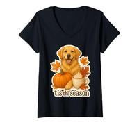 Womens Tis The Season Golden Retriever Dog Fall Autumn Pumpkin Cute V-Neck T-Shirt
