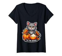 Womens Tis The Season Grey Gray Cat Fall Autumn Pumpkin Leaves Lady V-Neck T-Shirt