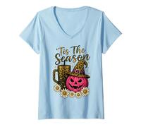 Womens Tis The Season Halloween Floral Daisy Pumpkin Witch Hat V-Neck T-Shirt