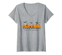 Womens Tis The Season Halloween Pumpkin Spooky Vibes Fall Autumn V-Neck T-Shirt