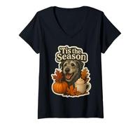 Womens Tis The Season Irish Wolfhound Dog Fall Autumn Pumpkin Cute V-Neck T-Shirt