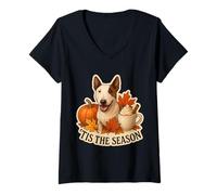 Womens Tis The Season Miniature Bull Terrier Dog Fall Autumn Leaves V-Neck T-Shirt