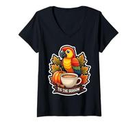 Womens Tis The Season Parrot Fall Autumn Pumpkin Spice Leaves Bird V-Neck T-Shirt