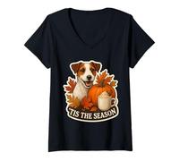 Womens Tis The Season Parson Russell Terrier Dog Fall Autumn Leaves V-Neck T-Shirt