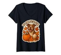 Womens Tis The Season Pit Bull Dog Fall Autumn Pumpkin Spice Latte V-Neck T-Shirt