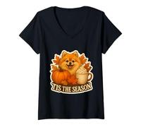 Womens Tis The Season Pomeranian Dog Fall Autumn Pumpkin Spice Cute V-Neck T-Shirt