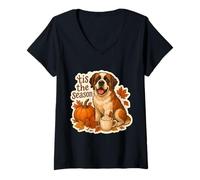 Womens Tis The Season Saint Bernard Dog Fall Autumn Pumpkin Spice V-Neck T-Shirt
