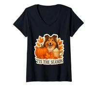 Womens Tis The Season Shetland Sheepdog Dog Fall Autumn Pumpkin Pup V-Neck T-Shirt