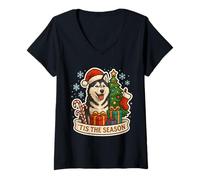 Womens Tis The Season Siberian Husky Dog Merry Christmas Festive V-Neck T-Shirt