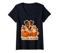 Womens Tis The Season Smooth Fox Terrier Dog Fall Autumn Pumpkin V-Neck T-Shirt