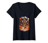 Women's Tis the Season Trash Panda Fall Raccoon Latte V-Neck T-Shirt