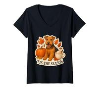 Womens Tis The Season Welsh Terrier Dog Fall Autumn Pumpkin Spice V-Neck T-Shirt
