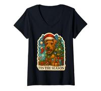 Womens Tis The Season Welsh Terrier Dog Merry Christmas Mom Dad V-Neck T-Shirt