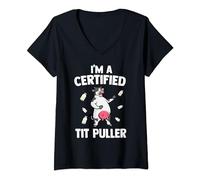 Womens Tit Puller Cow Milking Farming Animal Farmer Cattle Gift V-Neck T-Shirt