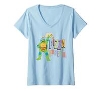 Womens TMNT Leonardo Pizza is Forever Retro Cartoon V-Neck T-Shirt