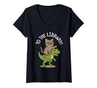 Women's to The Library! Kids Cat Riding Dinosaur Kawaii V-Neck T-Shirt