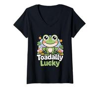 Women's Toadally Lucky Frog St Patricks Day Shamrock Rainbow Tee V-Neck T-Shirt
